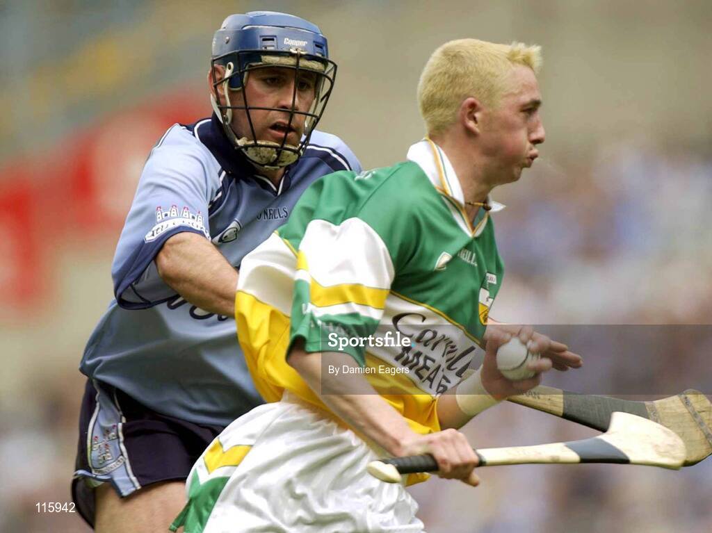 15 June 2003; Michael Cordial of Offaly in action against Carl Meehan of Dublin during the Guinness All Ireland Hurling Championship Qualifier Round 1 match between Dublin and Offaly at Croke Park in Dublin. Photo by Damien Eagers/Sportsfile