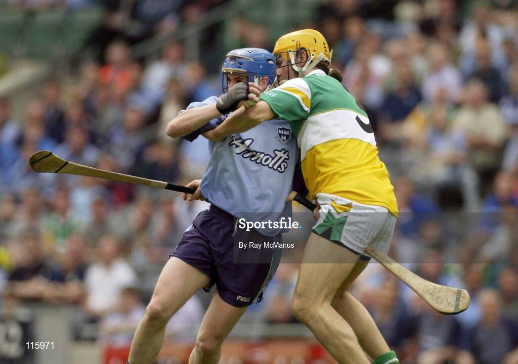 15 June 2003; Kevin Flynn of Dublin in action against Ger Oakley of Offaly during the Guinness All Ireland Hurling Championship Qualifier Round 1 match between Dublin and Offaly at Croke Park in Dublin. Photo by Ray McManus/Sportsfile