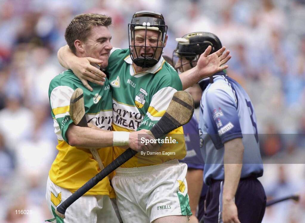 15 June 2003; Neville Coughlan, right, celebrates with Offaly team-mate Brian Carroll following the Guinness All Ireland Hurling Championship Qualifier Round 1 match between Dublin and Offaly at Croke Park in Dublin. Photo by Damien Eagers/Sportsfile