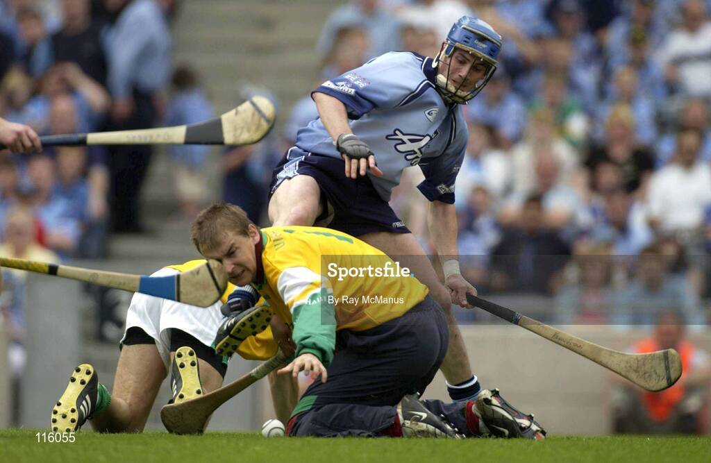 15 June 2003; Offaly goalkeeper Brian Mullins under pressure from Dublin forwards, including Kevin Flynn, during the Guinness All Ireland Hurling Championship Qualifier Round 1 match between Dublin and Offaly at Croke Park in Dublin. Photo by Ray McManus/Sportsfile