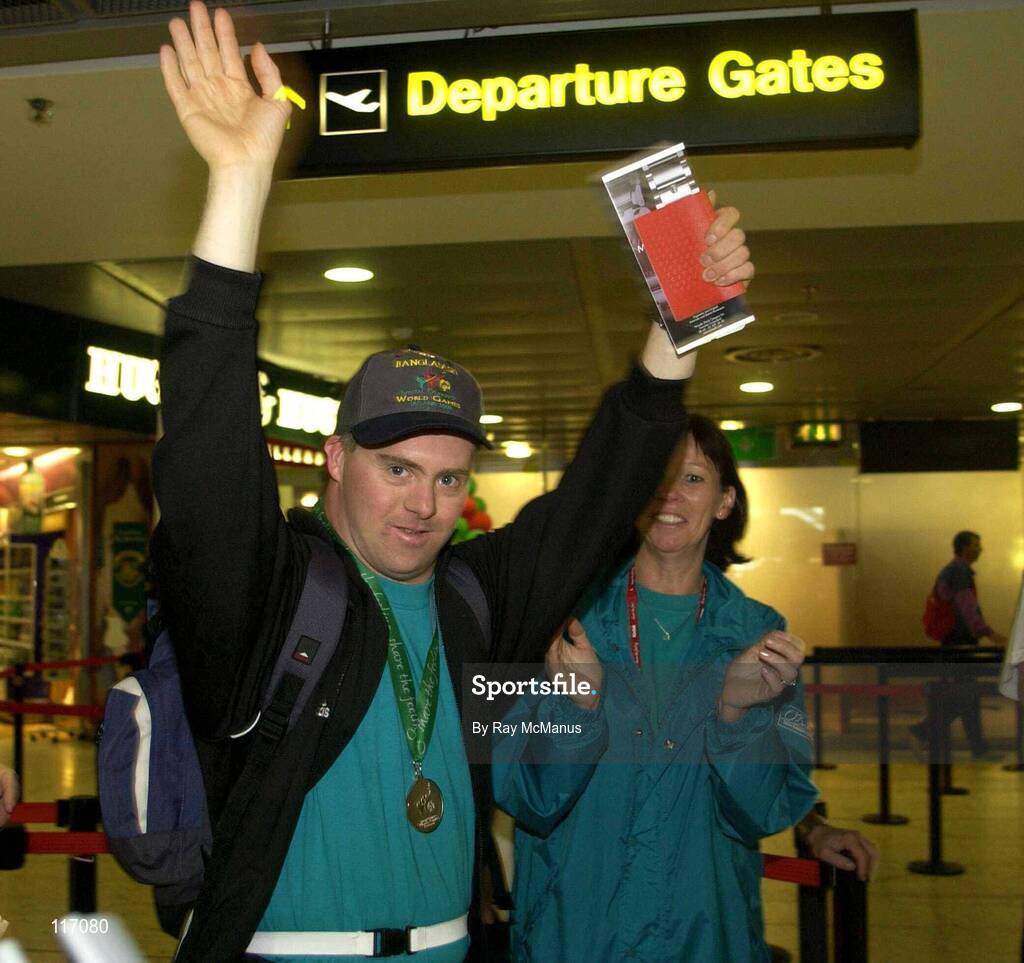30 June 2003; Christian Robustelli, a Special Olympics Athlete from Switzerland, at Dublin Airport as the Special Olympics Athletes return to their home countries after competing in the 2003 Special Olympics World Games. Photo by Ray McManus/Sportsfile
