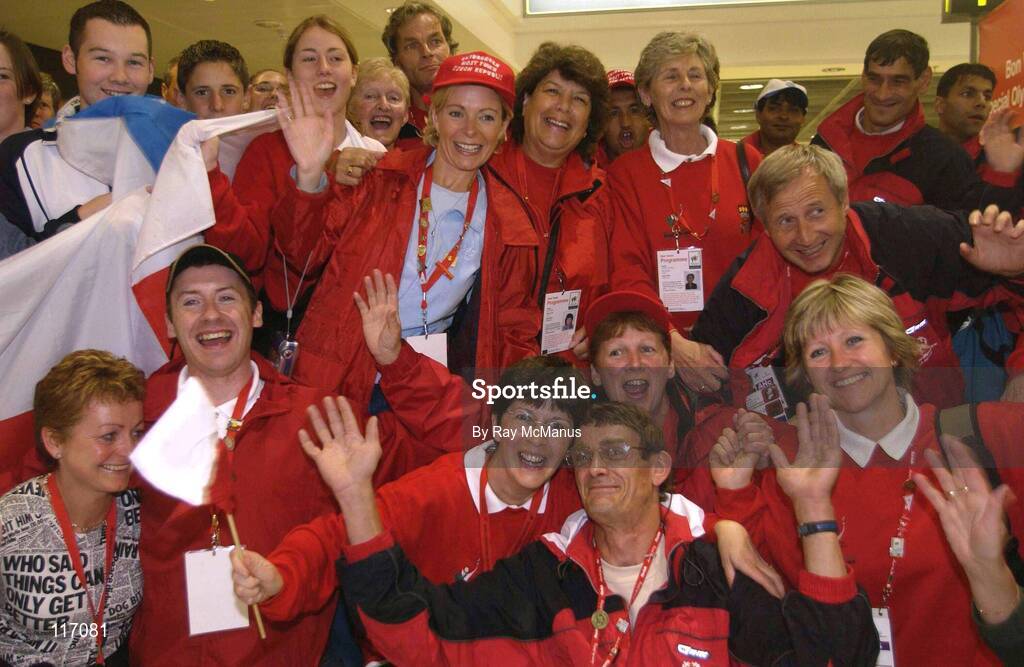 30 June 2003; Members of the Skibbereen Host Town community and athletes from the Czech Republic at Dublin Airport as the Special Olympics Athletes return to their home countries after competing in the 2003 Special Olympics World Games. Photo by Ray McManus/Sportsfile