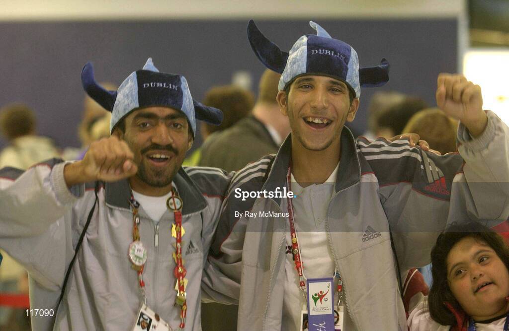 30 June 2003; Sulman Al Sharshani, left, and Ali Al Ghafran,  Special Olympics Athletes from Qatar, at Dublin Airport as the Special Olympics Athletes return to their home countries after competing in the 2003 Special Olympics World Games. Photo by Ray McManus/Sportsfile