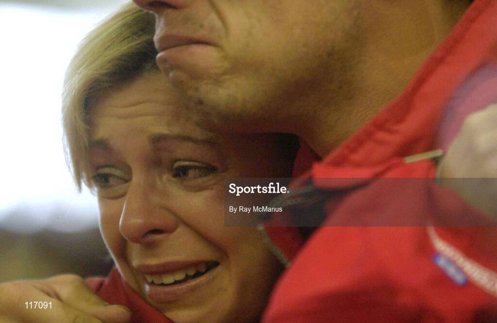 30 June 2003; Eilis Cohalan, from Host Town Skibereen, is embraced by a Special Olympics Athlete from the Czech Republic at Dublin Airport as the Special Olympics Athletes return to their home countries after competing in the 2003 Special Olympics World Games. Photo by Ray McManus/Sportsfile