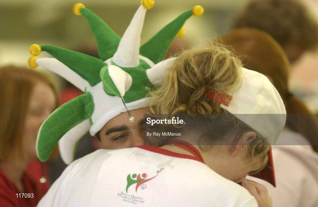 30 June 2003; Ivan Irkri, a Special Olympics Athlete from the Czech Republic, is embraced by a member of the Host Town Skibbereen, at Dublin Airport as the athletes return to their home countries after competing in the 2003 Special Olympics World Games. Photo by Ray McManus/Sportsfile