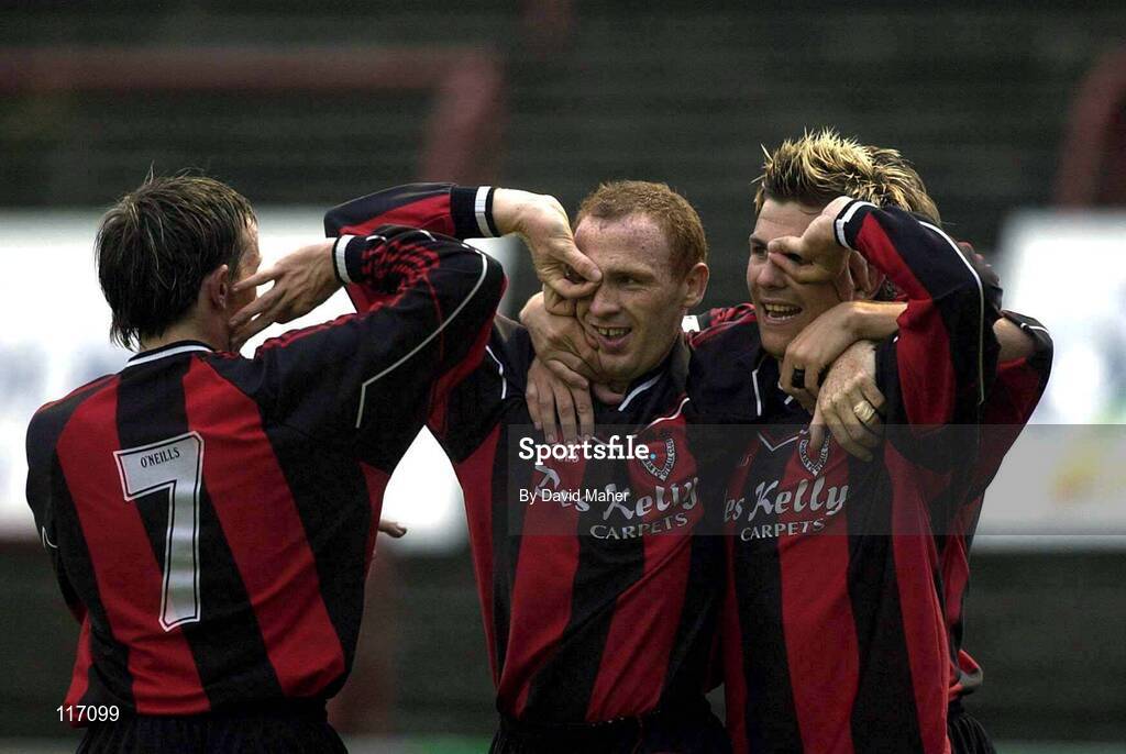 30 June 2003; Glen Crowe, centre celebrates after scoring his side's first goal with Bohemians team-mates Bobby Ryan, left, and Robbie Doyle during the Eircom League Premier Division match between Bohemians and Cork City at Dalymount Park in Dublin. Photo by David Maher/Sportsfile