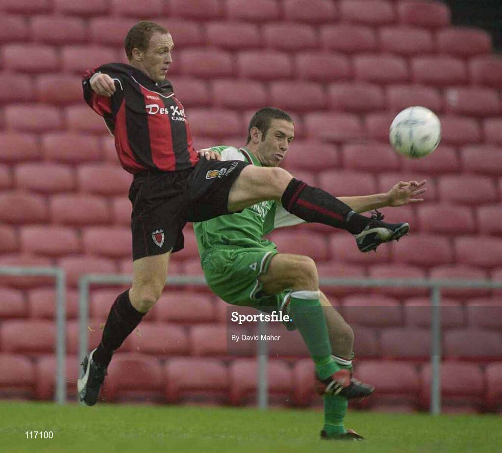 30 June 2003; Glen Crowe of Bohemians in action against Alan Bennett of Cork City during the Eircom League Premier Division match between Bohemians and Cork City at Dalymount Park in Dublin. Photo by David Maher/Sportsfile
