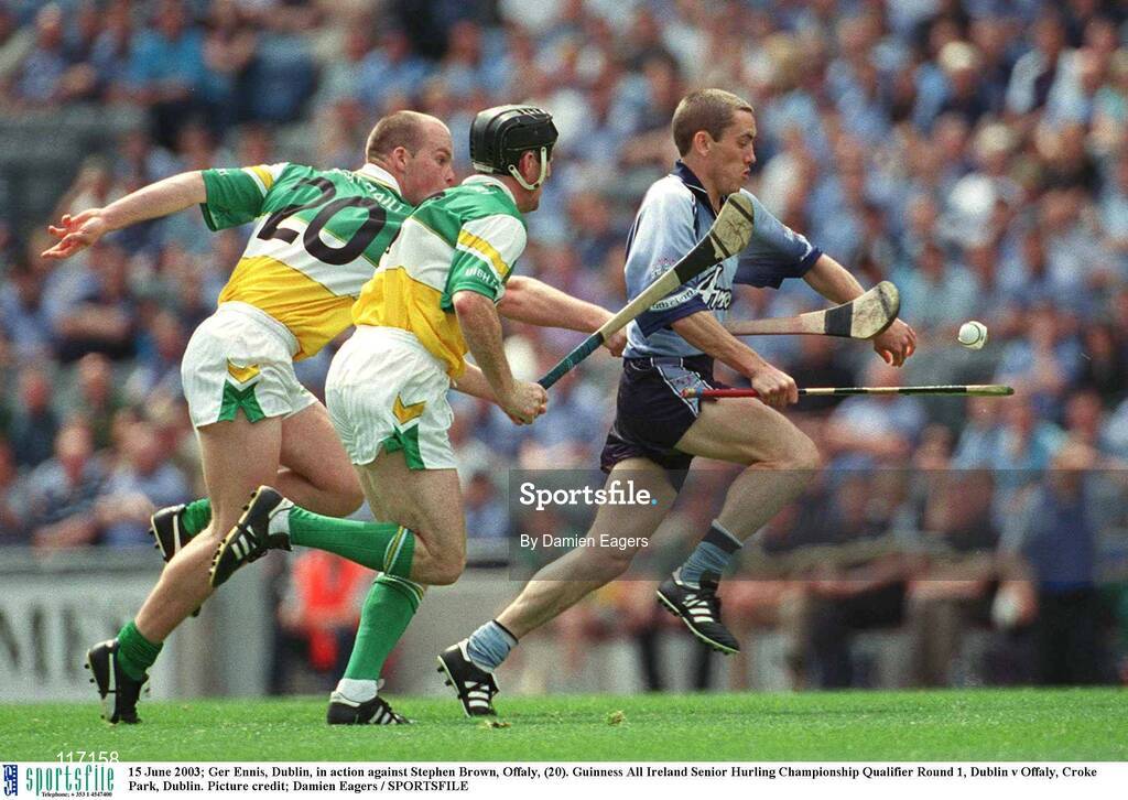 15 June 2003; Ger Ennis of Dublin in action against Stephen Brown, 20, of Offaly during the Guinness All Ireland Hurling Championship Qualifier Round 1 match between Dublin and Offaly at Croke Park in Dublin. Photo by Damien Eagers/Sportsfile