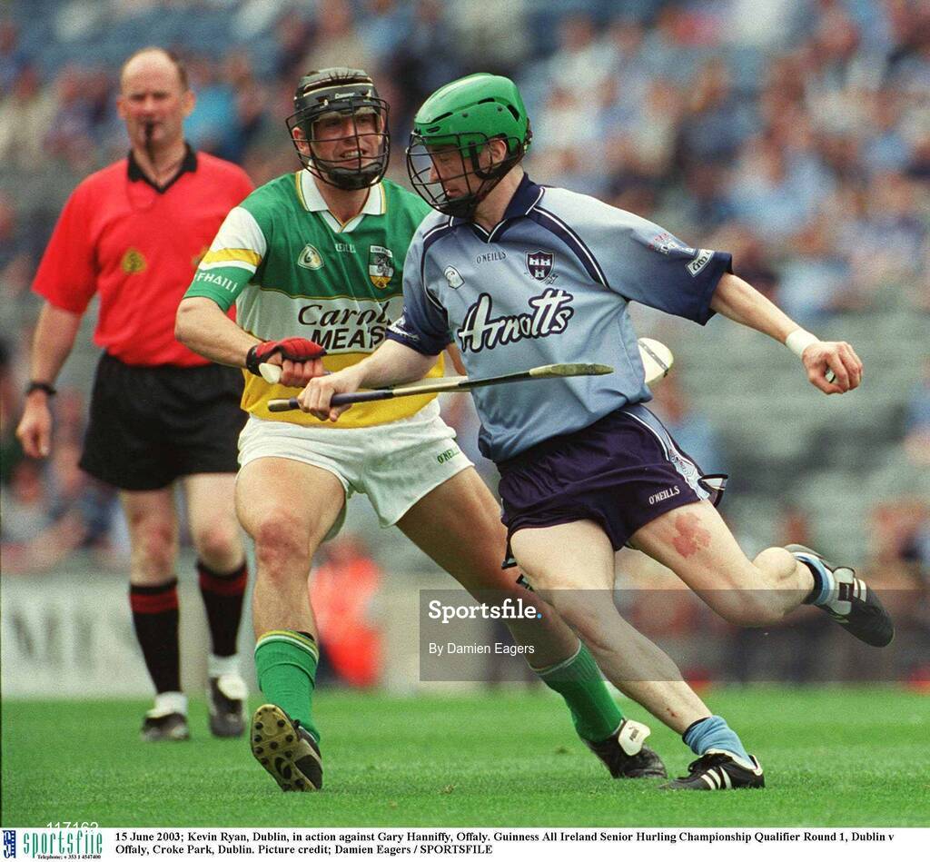 15 June 2003; Kevin Ryan of Dublin in action against Gary Hanniffy of Offaly during the Guinness All Ireland Hurling Championship Qualifier Round 1 match between Dublin and Offaly at Croke Park in Dublin. Photo by Damien Eagers/Sportsfile