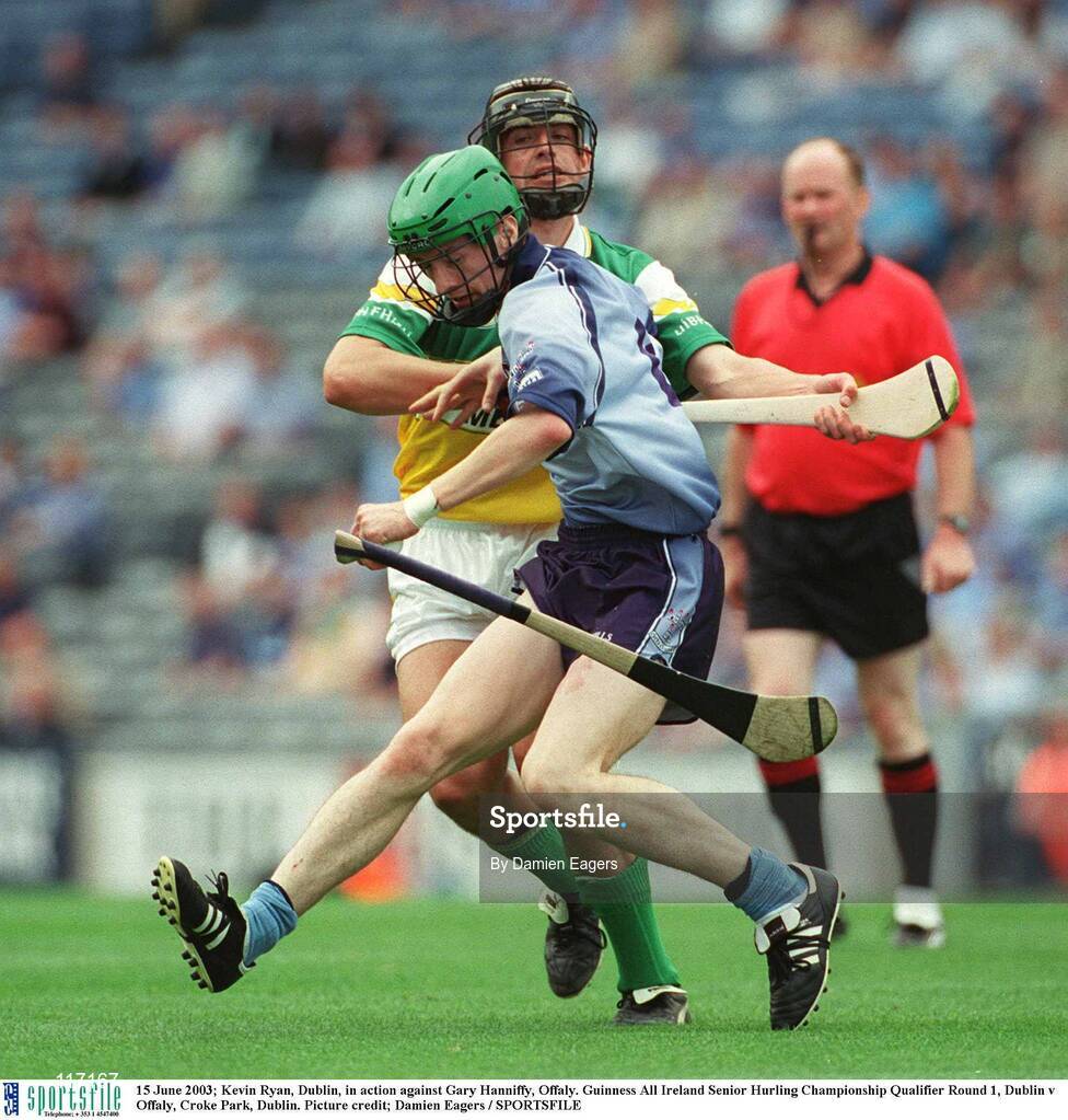 15 June 2003; Kevin Ryan of Dublin in action against Gary Hanniffy of Offaly during the Guinness All Ireland Hurling Championship Qualifier Round 1 match between Dublin and Offaly at Croke Park in Dublin. Photo by Damien Eagers/Sportsfile