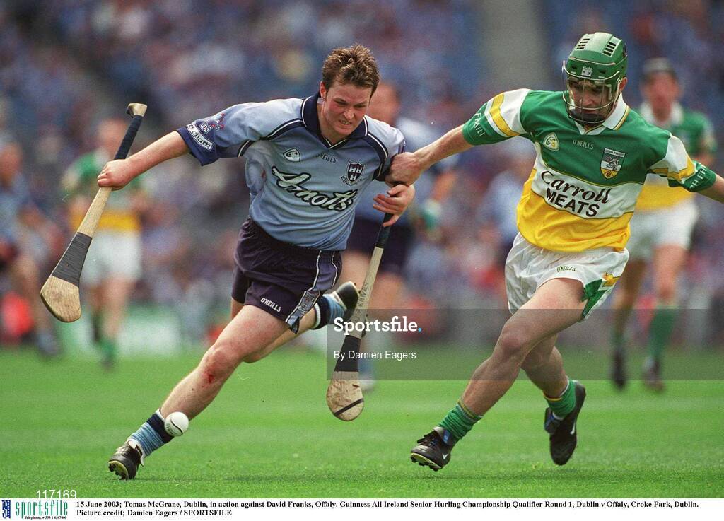 15 June 2003; Tomas McGrane of Dublin in action against David Franks of Offaly during the Guinness All Ireland Hurling Championship Qualifier Round 1 match between Dublin and Offaly at Croke Park in Dublin. Photo by Damien Eagers/Sportsfile