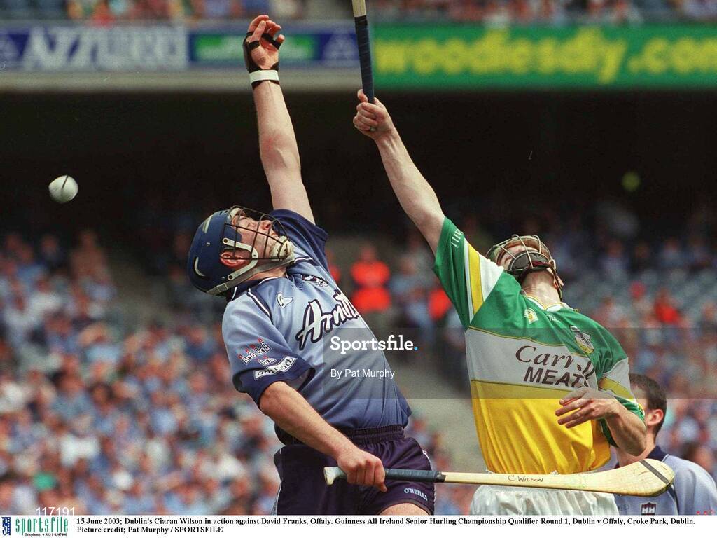 15 June 2003; Ciaran Wilson of Dublin in action against David Franks of Offaly during the Guinness All Ireland Hurling Championship Qualifier Round 1 match between Dublin and Offaly at Croke Park in Dublin. Photo by Pat Murphy/Sportsfile