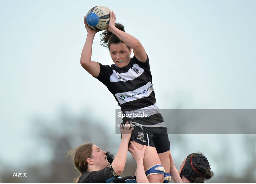 20 April 2013; Aoife Ryan, Old Belvedere, wins possession in a lineout. Paul Flood Cup Final, Old Belvedere v Galwegians, Seapoint RFC, Killiney, Co. Dublin. Picture credit: Matt Browne / SPORTSFILE