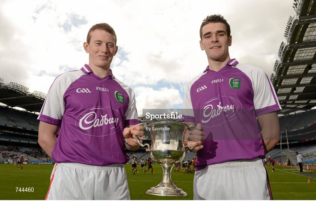 29 April 2013; Cork U21 captain Damien Cahalane, left, and Galway U21 captain Fiontán Ó Curraoin met at Croke Park ahead of the final of the Cadbury GAA Football U21 All-Ireland Championship. The two teams will meet this Saturday, 4th May, in the Gaelic Grounds, Limerick, at 7pm to battle it out to be named Cadbury GAA Football U21 All-Ireland Champions 2013. For more information about Cadbury GAA Football U21Championship, find Cadbury GAA on Facebook www.facebook.com/U21GAAFootball. Croke Park, Dublin Photo by Sportsfile