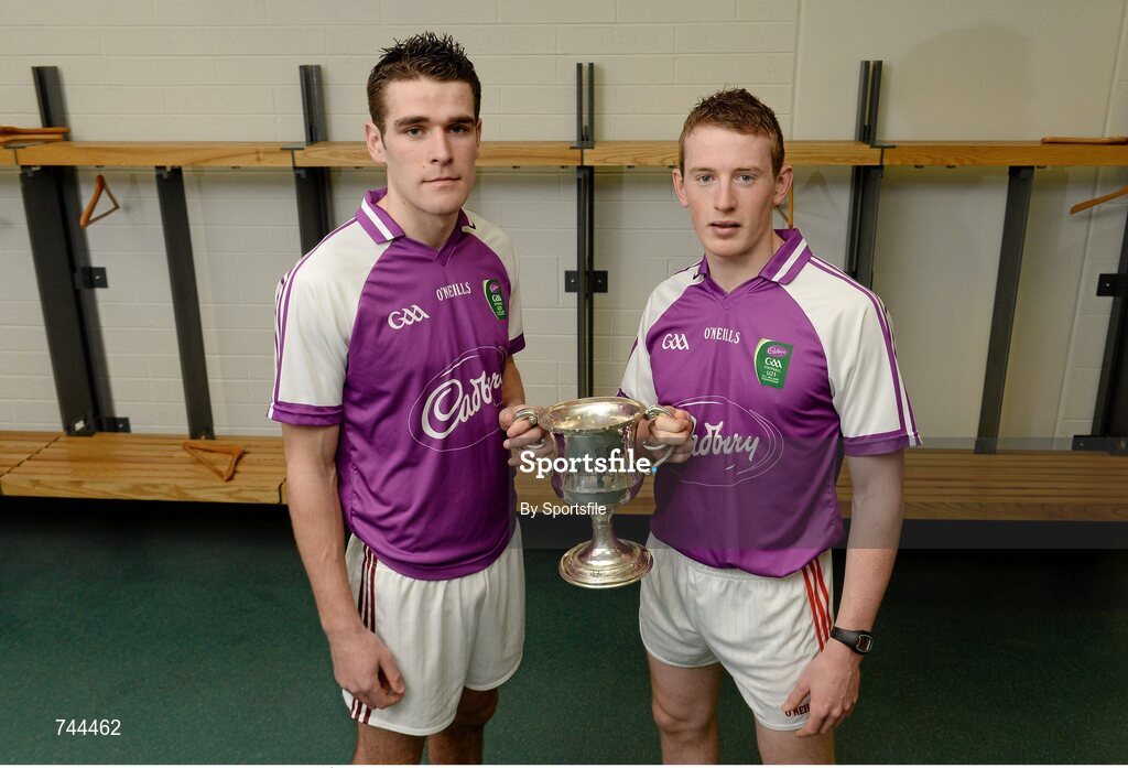 29 April 2013; Cork U21 captain Damien Cahalane, right, and Galway U21 captain Fiontán Ó Curraoin met at Croke Park ahead of the final of the Cadbury GAA Football U21 All-Ireland Championship. The two teams will meet this Saturday, 4th May, in the Gaelic Grounds, Limerick, at 7pm to battle it out to be named Cadbury GAA Football U21 All-Ireland Champions 2013. For more information about Cadbury GAA Football U21Championship, find Cadbury GAA on Facebook www.facebook.com/U21GAAFootball. Croke Park, Dublin Photo by Sportsfile