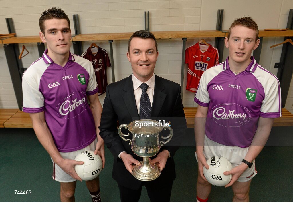 29 April 2013; Cork U21 captain Damien Cahalane, right, and Galway U21 captain Fiontán Ó Curraoin met together with Shane Guest, Cadbury Ireland Senior Brand Manager, at Croke Park ahead of the final of the Cadbury GAA Football U21 All-Ireland Championship. The two teams will meet this Saturday, 4th May, in the Gaelic Grounds, Limerick, at 7pm to battle it out to be named Cadbury GAA Football U21 All-Ireland Champions 2013. For more information about Cadbury GAA Football U21Championship, find Cadbury GAA on Facebook www.facebook.com/U21GAAFootball. Croke Park, Dublin Photo by Sportsfile