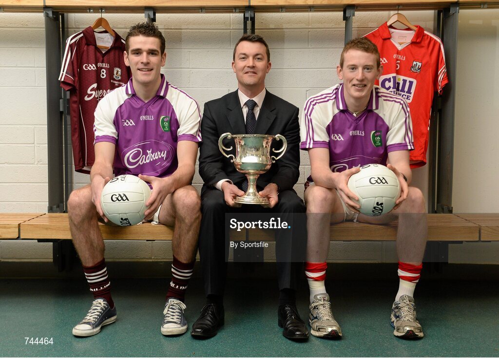 29 April 2013; Cork U21 captain Damien Cahalane, right, and Galway U21 captain Fiontán Ó Curraoin met together with Shane Guest, Cadbury Ireland Senior Brand Manager, at Croke Park ahead of the final of the Cadbury GAA Football U21 All-Ireland Championship. The two teams will meet this Saturday, 4th May, in the Gaelic Grounds, Limerick, at 7pm to battle it out to be named Cadbury GAA Football U21 All-Ireland Champions 2013. For more information about Cadbury GAA Football U21Championship, find Cadbury GAA on Facebook www.facebook.com/U21GAAFootball. Croke Park, Dublin Photo by Sportsfile