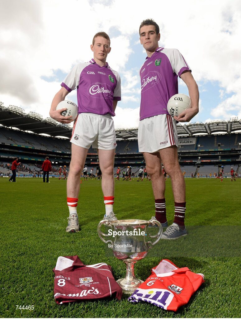 29 April 2013; Cork U21 captain Damien Cahalane, left, and Galway U21 captain Fiontán Ó Curraoin met at Croke Park ahead of the final of the Cadbury GAA Football U21 All-Ireland Championship. The two teams will meet this Saturday, 4th May, in the Gaelic Grounds, Limerick, at 7pm to battle it out to be named Cadbury GAA Football U21 All-Ireland Champions 2013. For more information about Cadbury GAA Football U21Championship, find Cadbury GAA on Facebook www.facebook.com/U21GAAFootball. Croke Park, Dublin Photo by Sportsfile