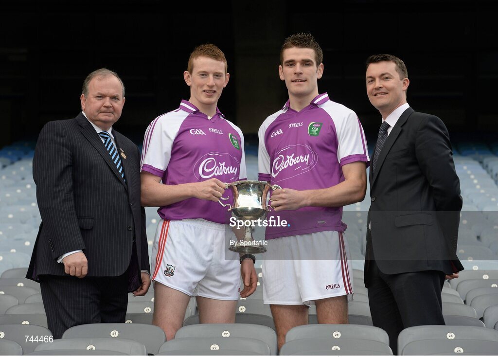 29 April 2013; Cork U21 captain Damien Cahalane, left, and Galway U21 captain Fiontán Ó Curraoin met together with Shane Guest, Cadbury Ireland Senior Brand Manager, right, and Uachtarán Chumann Lúthchleas Gael Liam Ó Néill at Croke Park ahead of the final of the Cadbury GAA Football U21 All-Ireland Championship. The two teams will meet this Saturday, 4th May, in the Gaelic Grounds, Limerick, at 7pm to battle it out to be named Cadbury GAA Football U21 All-Ireland Champions 2013. For more information about Cadbury GAA Football U21Championship, find Cadbury GAA on Facebook www.facebook.com/U21GAAFootball. Croke Park, Dublin Photo by Sportsfile