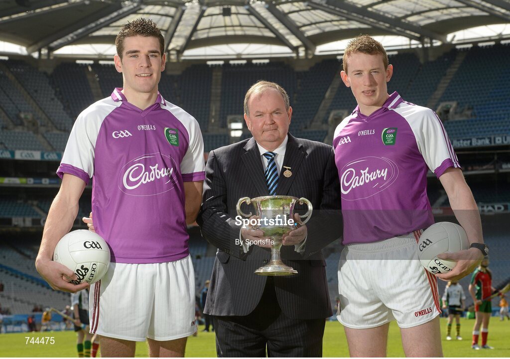 29 April 2013; Cork U21 captain Damien Cahalane, right, and Galway U21 captain Fiontán Ó Curraoin met together with Uachtarán Chumann Lúthchleas Gael Liam Ó Néill, at Croke Park ahead of the final of the Cadbury GAA Football U21 All-Ireland Championship. The two teams will meet this Saturday, 4th May, in the Gaelic Grounds, Limerick, at 7pm to battle it out to be named Cadbury GAA Football U21 All-Ireland Champions 2013. For more information about Cadbury GAA Football U21Championship, find Cadbury GAA on Facebook www.facebook.com/U21GAAFootball. Croke Park, Dublin Photo by Sportsfile