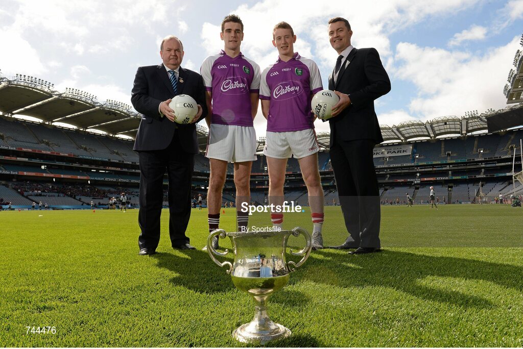 29 April 2013; Cork U21 captain Damien Cahalane, right, and Galway U21 captain Fiontán Ó Curraoin met together with Shane Guest, Cadbury Ireland Senior Brand Manager, and Uachtarán Chumann Lúthchleas Gael Liam Ó Néill, left, at Croke Park ahead of the final of the Cadbury GAA Football U21 All-Ireland Championship. The two teams will meet this Saturday, 4th May, in the Gaelic Grounds, Limerick, at 7pm to battle it out to be named Cadbury GAA Football U21 All-Ireland Champions 2013. For more information about Cadbury GAA Football U21Championship, find Cadbury GAA on Facebook www.facebook.com/U21GAAFootball. Croke Park, Dublin Photo by Sportsfile