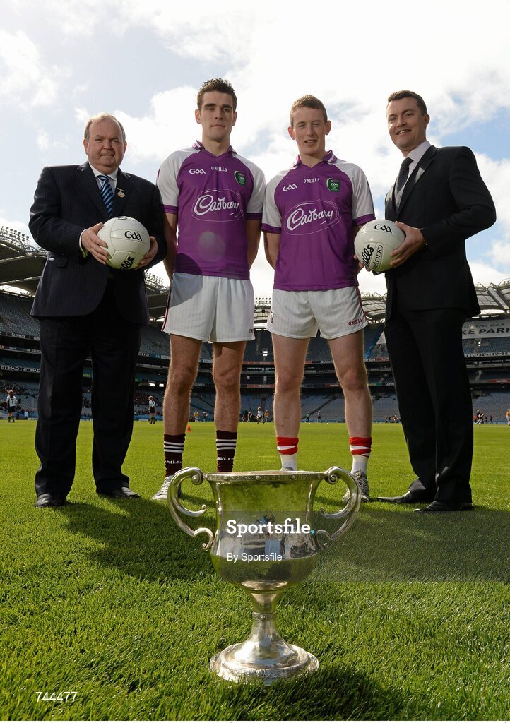 29 April 2013; Cork U21 captain Damien Cahalane, right, and Galway U21 captain Fiontán Ó Curraoin met together with Shane Guest, Cadbury Ireland Senior Brand Manager, and Uachtarán Chumann Lúthchleas Gael Liam Ó Néill, left, at Croke Park ahead of the final of the Cadbury GAA Football U21 All-Ireland Championship. The two teams will meet this Saturday, 4th May, in the Gaelic Grounds, Limerick, at 7pm to battle it out to be named Cadbury GAA Football U21 All-Ireland Champions 2013. For more information about Cadbury GAA Football U21Championship, find Cadbury GAA on Facebook www.facebook.com/U21GAAFootball. Croke Park, Dublin Photo by Sportsfile