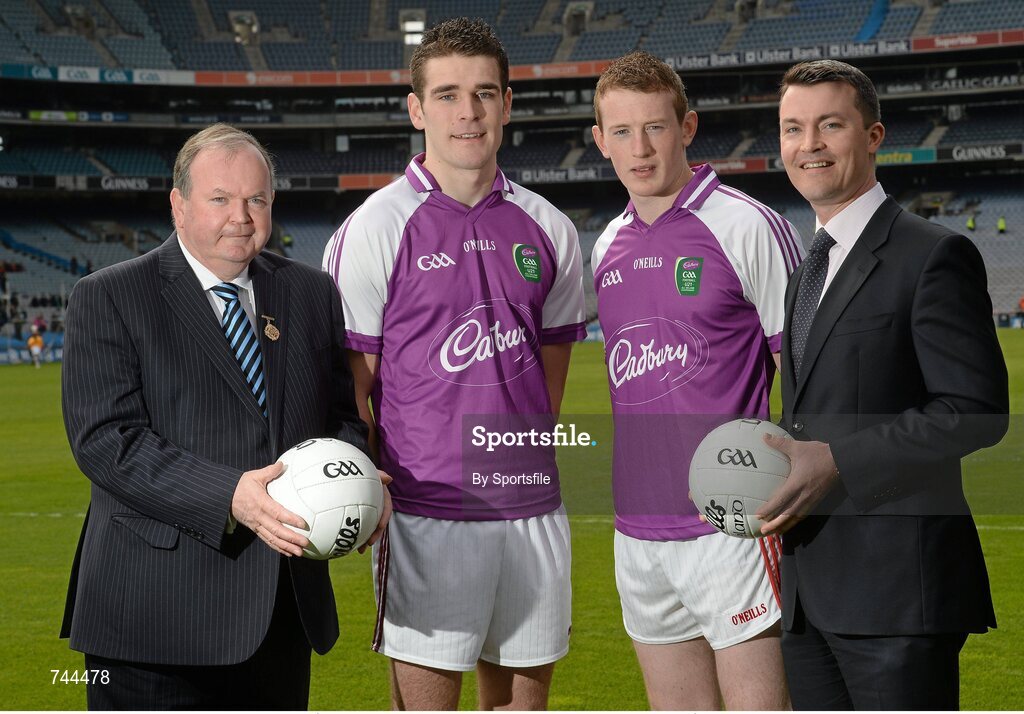 29 April 2013; Cork U21 captain Damien Cahalane, right, and Galway U21 captain Fiontán Ó Curraoin met together with Shane Guest, Cadbury Ireland Senior Brand Manager, and Uachtarán Chumann Lúthchleas Gael Liam Ó Néill, left, at Croke Park ahead of the final of the Cadbury GAA Football U21 All-Ireland Championship. The two teams will meet this Saturday, 4th May, in the Gaelic Grounds, Limerick, at 7pm to battle it out to be named Cadbury GAA Football U21 All-Ireland Champions 2013. For more information about Cadbury GAA Football U21Championship, find Cadbury GAA on Facebook www.facebook.com/U21GAAFootball. Croke Park, Dublin Photo by Sportsfile