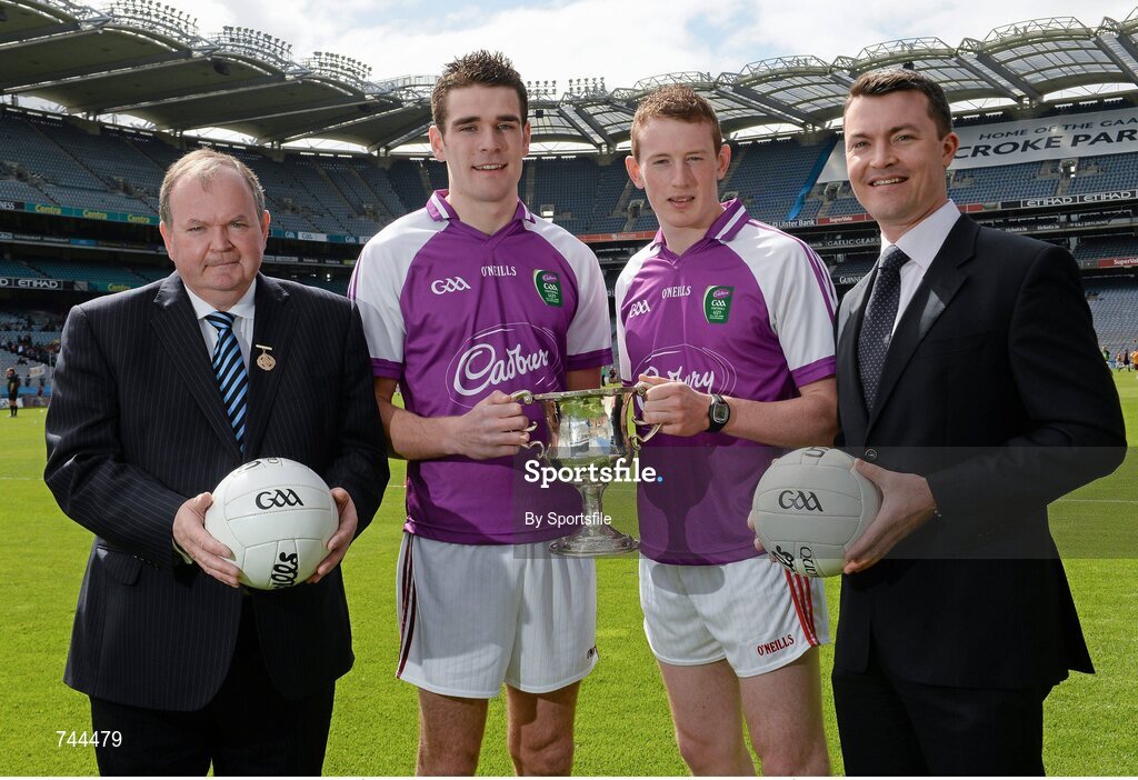 29 April 2013; Cork U21 captain Damien Cahalane, right, and Galway U21 captain Fiontán Ó Curraoin met together with Shane Guest, Cadbury Ireland Senior Brand Manager, and Uachtarán Chumann Lúthchleas Gael Liam Ó Néill, left, at Croke Park ahead of the final of the Cadbury GAA Football U21 All-Ireland Championship. The two teams will meet this Saturday, 4th May, in the Gaelic Grounds, Limerick, at 7pm to battle it out to be named Cadbury GAA Football U21 All-Ireland Champions 2013. For more information about Cadbury GAA Football U21Championship, find Cadbury GAA on Facebook www.facebook.com/U21GAAFootball. Croke Park, Dublin Photo by Sportsfile