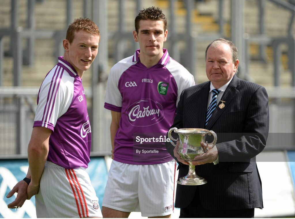 29 April 2013; Cork U21 captain Damien Cahalane, left, and Galway U21 captain Fiontán Ó Curraoin met together with Uachtarán Chumann Lúthchleas Gael Liam Ó Néill at Croke Park ahead of the final of the Cadbury GAA Football U21 All-Ireland Championship. The two teams will meet this Saturday, 4th May, in the Gaelic Grounds, Limerick, at 7pm to battle it out to be named Cadbury GAA Football U21 All-Ireland Champions 2013. For more information about Cadbury GAA Football U21Championship, find Cadbury GAA on Facebook www.facebook.com/U21GAAFootball. Croke Park, Dublin Photo by Sportsfile