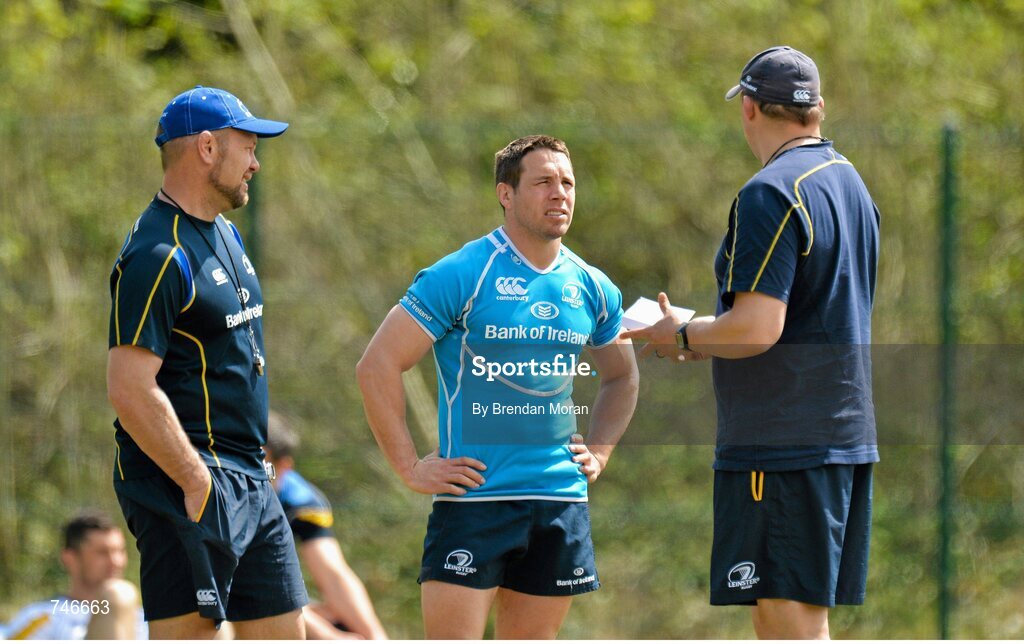 6 May 2013; Leinster's Isaac Boss speaking with scrum coach Greg Feek and forwards coach Jono Gibbs during squad training ahead of their side's Celtic League Play-off match against Glasgow Warriors on Saturday May 11th. Leinster Rugby Squad Training and Media Briefing, Rosemount, UCD, Belfield, Dublin. Picture credit: Brendan Moran / SPORTSFILE