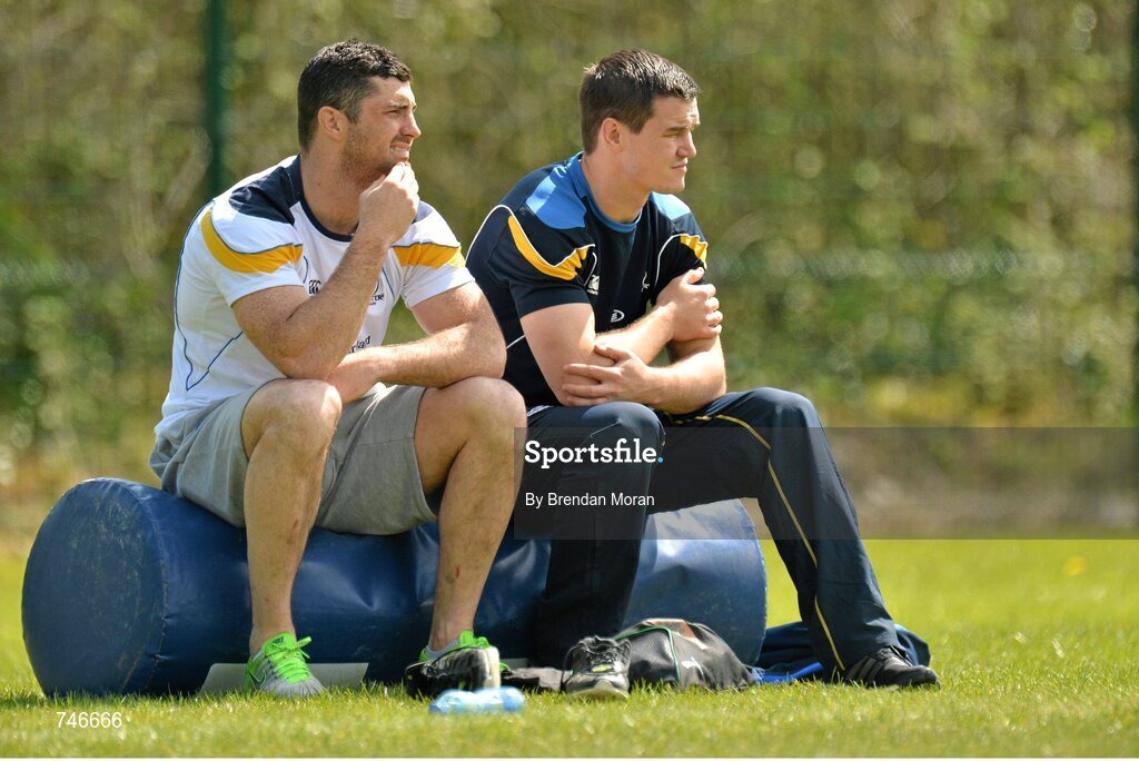 6 May 2013; Leinster's Rob Kearney, left, and Jonathan Sexton look on during squad training ahead of their side's Celtic League Play-off match against Glasgow Warriors on Saturday May 11th. Leinster Rugby Squad Training and Media Briefing, Rosemount, UCD, Belfield, Dublin. Picture credit: Brendan Moran / SPORTSFILE