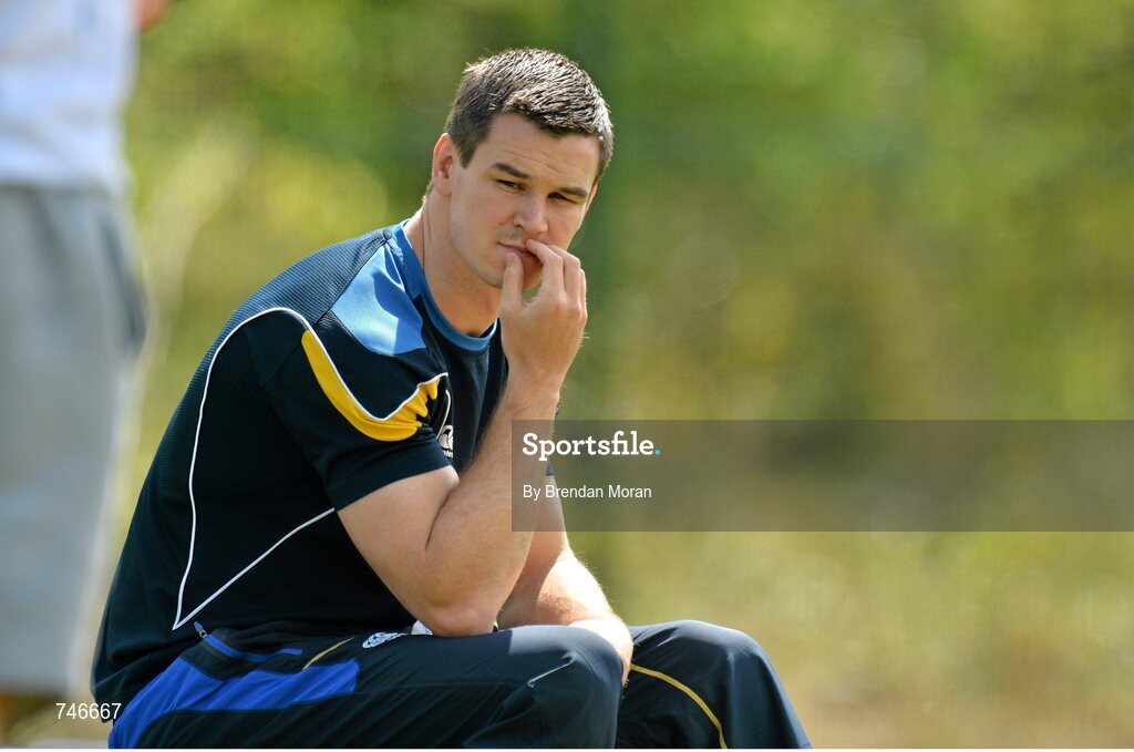 6 May 2013; Leinster's Jonathan Sexton looks on during squad training ahead of their side's Celtic League Play-off match against Glasgow Warriors on Saturday May 11th. Leinster Rugby Squad Training and Media Briefing, Rosemount, UCD, Belfield, Dublin. Picture credit: Brendan Moran / SPORTSFILE