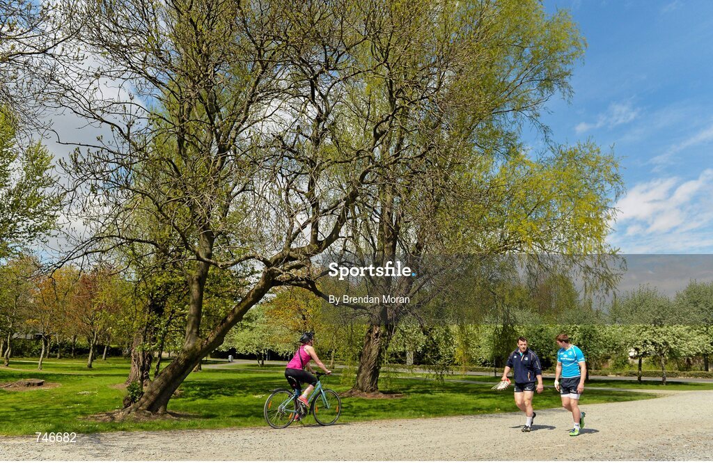 6 May 2013; Leinster's Cian Healy and Brendan Macken arrive for squad training ahead of their side's Celtic League Play-off match against Glasgow Warriors on Saturday May 11th. Leinster Rugby Squad Training and Media Briefing, Rosemount, UCD, Belfield, Dublin. Picture credit: Brendan Moran / SPORTSFILE