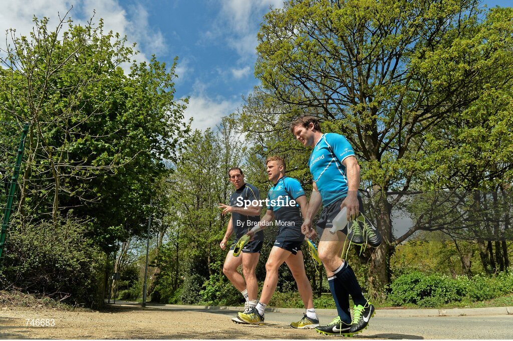6 May 2013; Leinster players, from left, Andrew Goodman, Ian Madigan and Gordon D'Arcy arrive for squad training ahead of their side's Celtic League Play-off match against Glasgow Warriors on Saturday May 11th. Leinster Rugby Squad Training and Media Briefing, Rosemount, UCD, Belfield, Dublin. Picture credit: Brendan Moran / SPORTSFILE