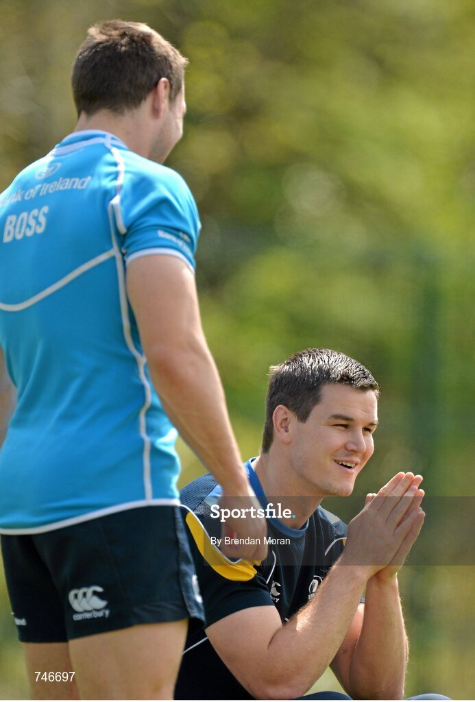 6 May 2013; Leinster's Isaac Boss and Jonathan Sexton during squad training ahead of their side's Celtic League Play-off match against Glasgow Warriors on Saturday May 11th. Leinster Rugby Squad Training and Media Briefing, Rosemount, UCD, Belfield, Dublin. Picture credit: Brendan Moran / SPORTSFILE