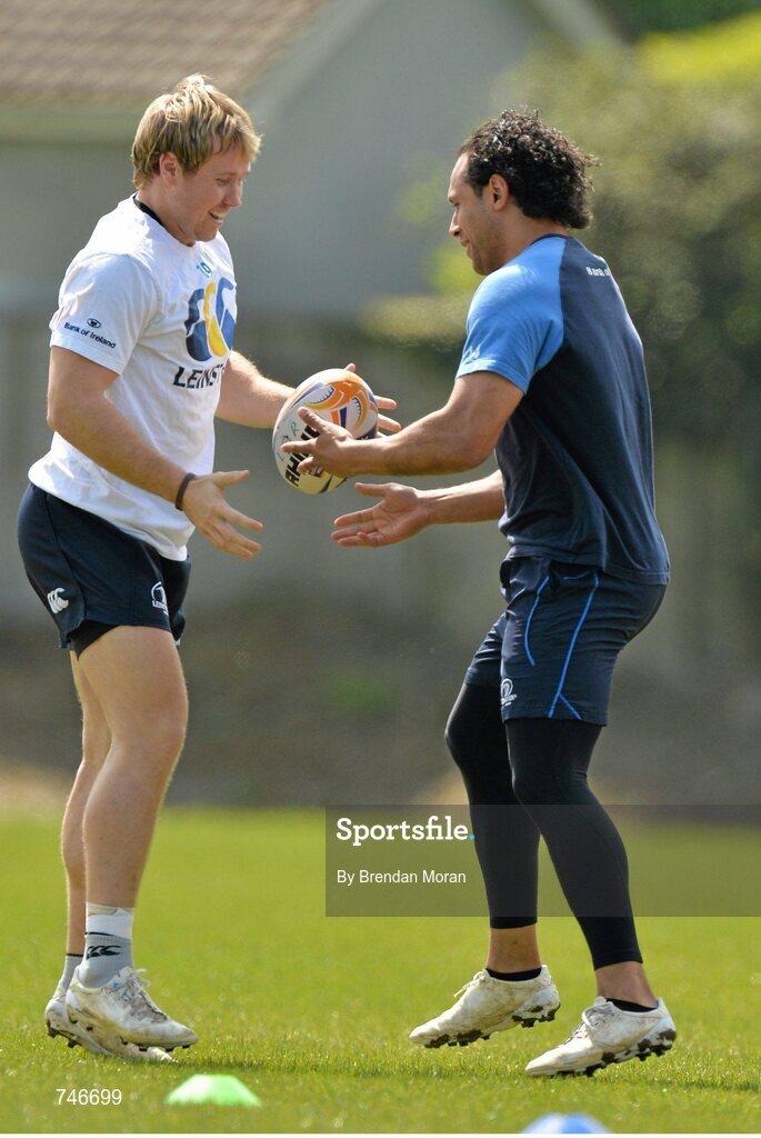6 May 2013; Leinster's Fionn Carr, left, and Isa Nacewa in action during squad training ahead of their side's Celtic League Play-off match against Glasgow Warriors on Saturday May 11th. Leinster Rugby Squad Training and Media Briefing, Rosemount, UCD, Belfield, Dublin. Picture credit: Brendan Moran / SPORTSFILE