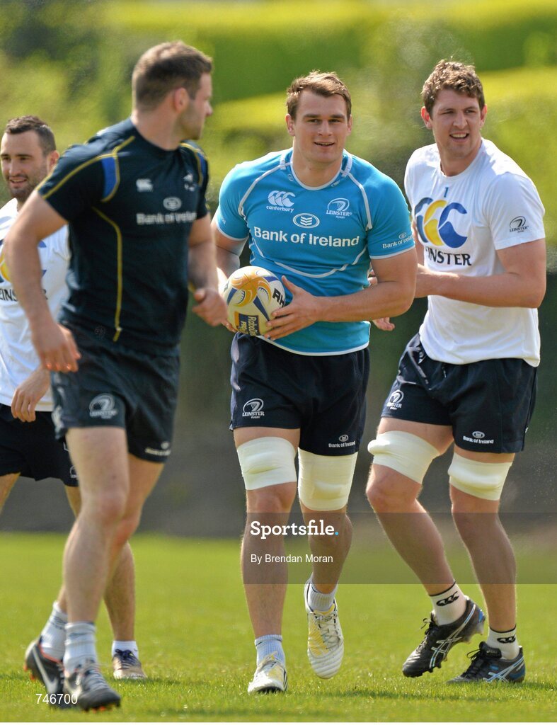 6 May 2013; Leinster's Rhys Ruddock and Mark Flanagan in action during squad training ahead of their side's Celtic League Play-off match against Glasgow Warriors on Saturday May 11th. Leinster Rugby Squad Training and Media Briefing, Rosemount, UCD, Belfield, Dublin. Picture credit: Brendan Moran / SPORTSFILE