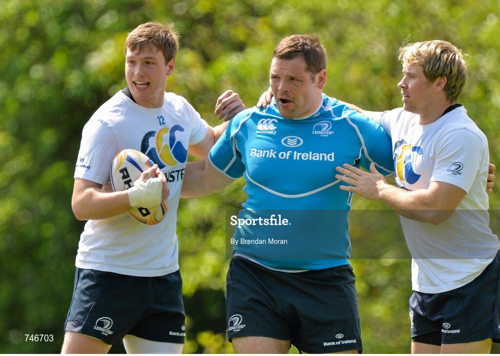 6 May 2013; Leinster's Brendan Macken, Mike Ross, and Fionn Carr in action during squad training ahead of their side's Celtic League Play-off match against Glasgow Warriors on Saturday May 11th. Leinster Rugby Squad Training and Media Briefing, Rosemount, UCD, Belfield, Dublin. Picture credit: Brendan Moran / SPORTSFILE