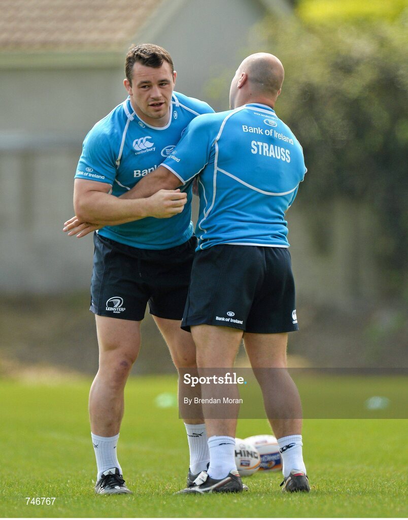 6 May 2013; Leinster's Cian Healy and Richardt Strauss in action during squad training ahead of their side's Celtic League Play-off match against Glasgow Warriors on Saturday May 11th. Leinster Rugby Squad Training and Media Briefing, Rosemount, UCD, Belfield, Dublin. Picture credit: Brendan Moran / SPORTSFILE