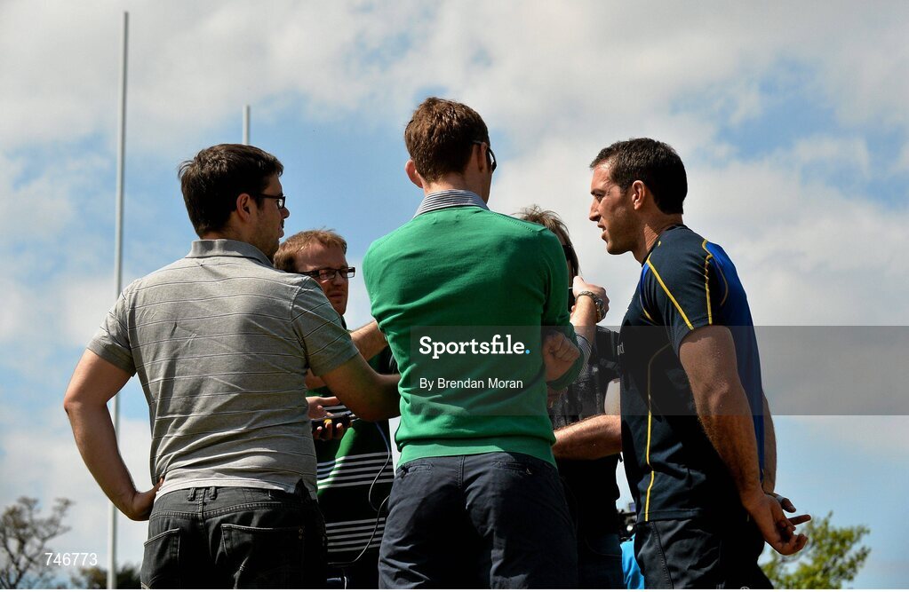 6 May 2013; Leinster's Andrew Goodman speaking to the media prior to squad training ahead of their side's Celtic League Play-off match against Glasgow Warriors on Saturday May 11th. Leinster Rugby Squad Training and Media Briefing, Rosemount, UCD, Belfield, Dublin. Picture credit: Brendan Moran / SPORTSFILE
