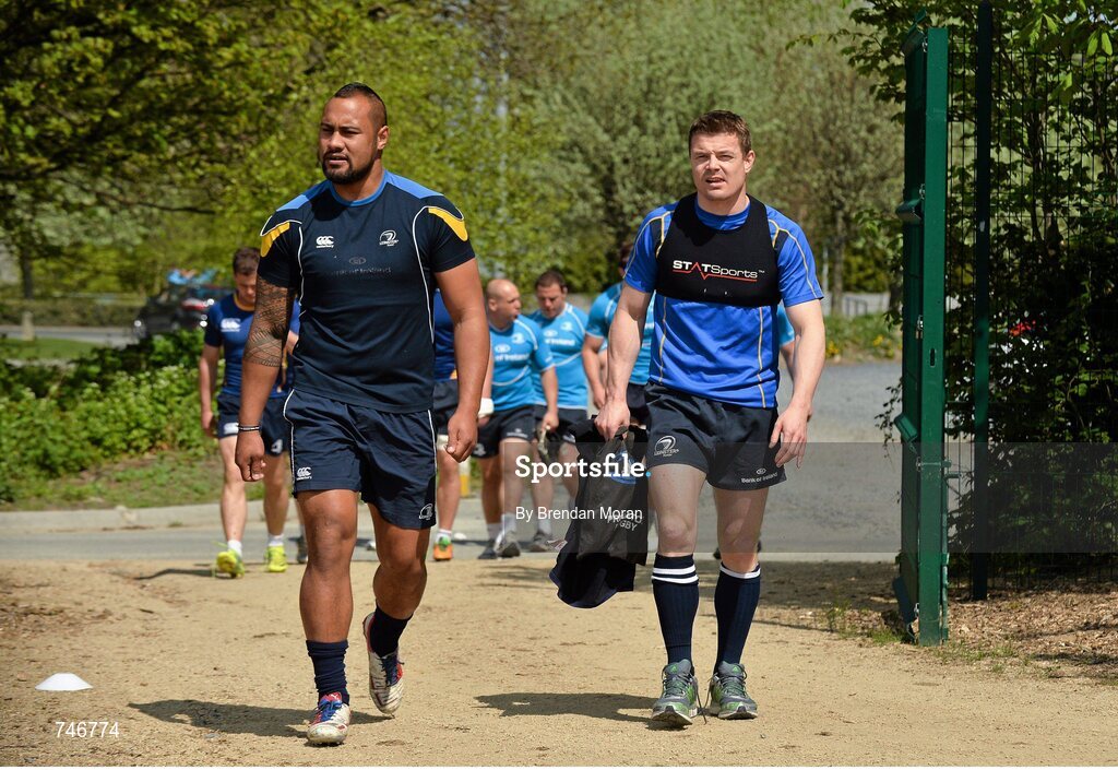 6 May 2013; Leinster's Leo Auva'a and Brian O'Driscoll arrive for squad training ahead of their side's Celtic League Play-off match against Glasgow Warriors on Saturday May 11th. Leinster Rugby Squad Training and Media Briefing, Rosemount, UCD, Belfield, Dublin. Picture credit: Brendan Moran / SPORTSFILE