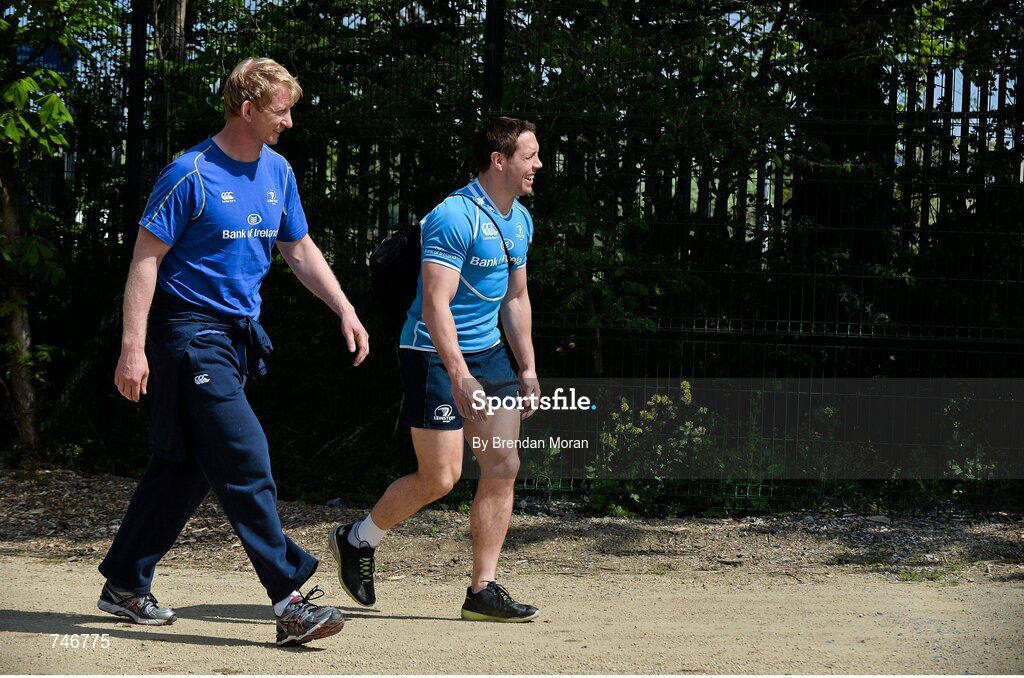 6 May 2013; Leinster captain Leo Cullen and Isaac Boss arrive for squad training ahead of their side's Celtic League Play-off match against Glasgow Warriors on Saturday May 11th. Leinster Rugby Squad Training and Media Briefing, Rosemount, UCD, Belfield, Dublin. Picture credit: Brendan Moran / SPORTSFILE