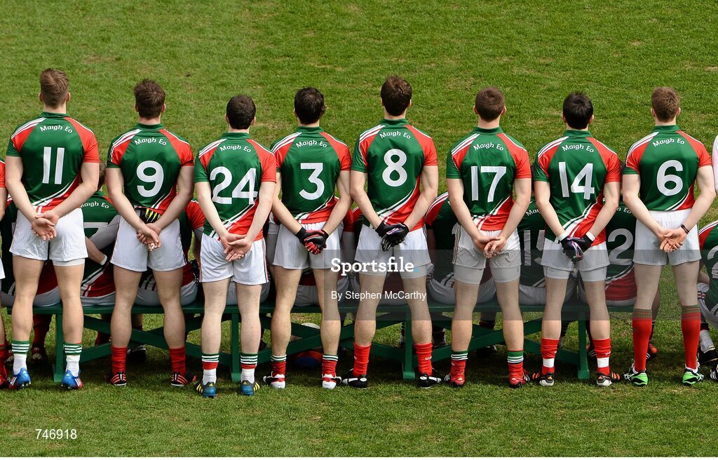 14 April 2013; Mayo players stand for their team photograph ahead of the game. Allianz Football League, Division 1, Semi-Final, Dublin v Mayo, Croke Park, Dublin. Picture credit: Stephen McCarthy / SPORTSFILE