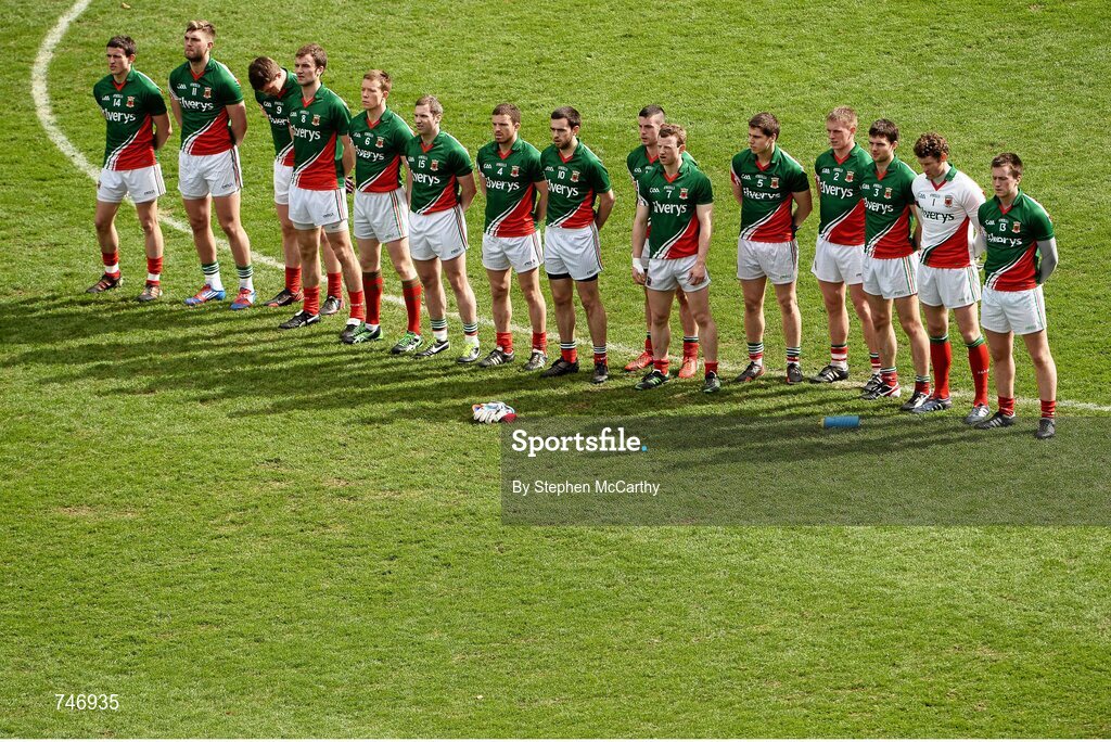 14 April 2013; Mayo players stand for the National Anthem. Allianz Football League, Division 1, Semi-Final, Dublin v Mayo, Croke Park, Dublin. Picture credit: Stephen McCarthy / SPORTSFILE