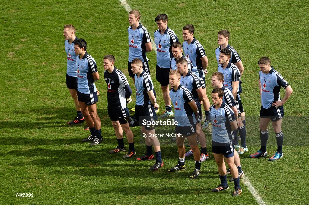 14 April 2013; Dublin players stand for the National Anthem. Allianz Football League, Division 1, Semi-Final, Dublin v Mayo, Croke Park, Dublin. Picture credit: Stephen McCarthy / SPORTSFILE