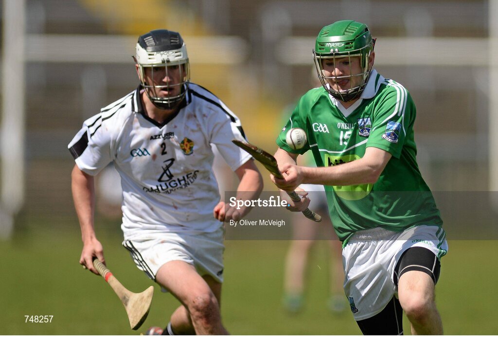 11 May 2013; Sean Corrigan, Fermanagh, in action against Brian Bermingham, Warwickshire. Lory Meagher Cup, Round 2, Fermanagh v Warwickshire, Brewster Park, Enniskillen, Co. Fermanagh. Picture credit: Oliver McVeigh / SPORTSFILE