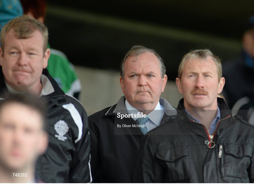 11 May 2013; Uachtarán Chumann Lúthchleas Gael Liam Ó Néill, centre, watching the game. Lory Meagher Cup, Round 2, Fermanagh v Warwickshire, Brewster Park, Enniskillen, Co. Fermanagh. Picture credit: Oliver McVeigh / SPORTSFILE