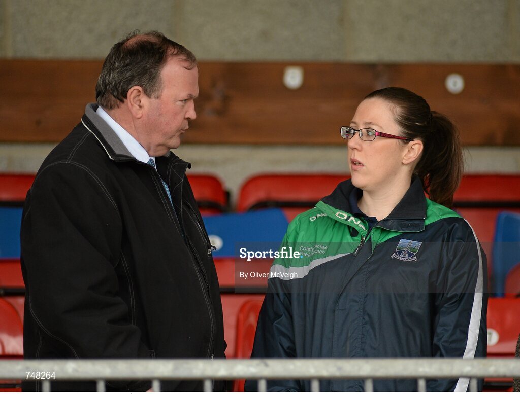 11 May 2013; Uachtarán Chumann Lúthchleas Gael Liam Ó Néill speaking to Fermanagh Coaching officer Deirdre Donnelly before the game. Lory Meagher Cup, Round 2, Fermanagh v Warwickshire, Brewster Park, Enniskillen, Co. Fermanagh. Picture credit: Oliver McVeigh / SPORTSFILE