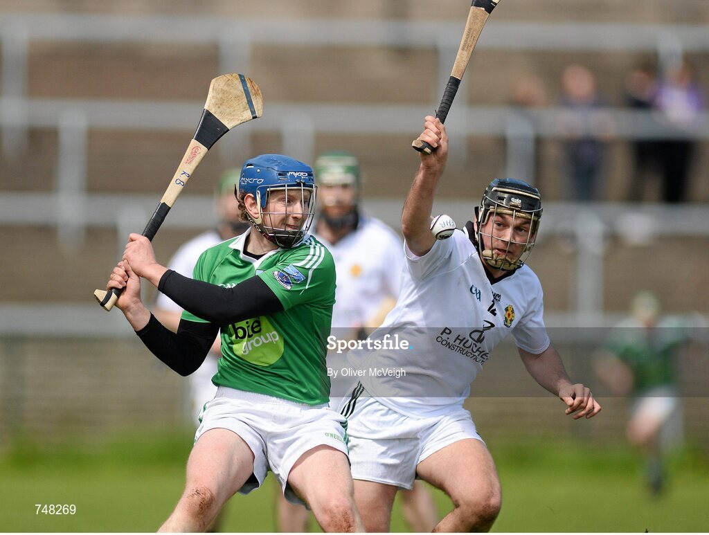 11 May 2013; Ryan Bogue, Fermanagh, in action against Cormac Behan, Warwickshire. Lory Meagher Cup, Round 2, Fermanagh v Warwickshire, Brewster Park, Enniskillen, Co. Fermanagh. Picture credit: Oliver McVeigh / SPORTSFILE