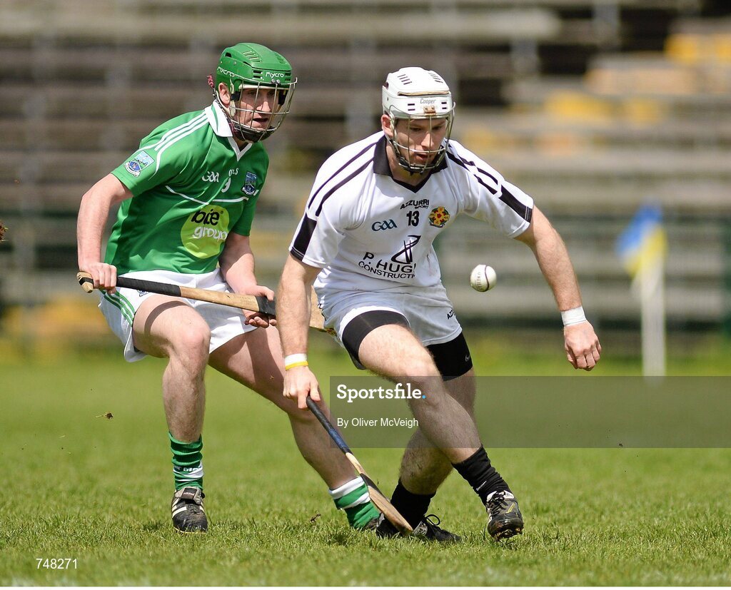 11 May 2013; Enda Lyons, Warwickshire, in action against Andrew Breslin, Fermanagh. Lory Meagher Cup, Round 2, Fermanagh v Warwickshire, Brewster Park, Enniskillen, Co. Fermanagh. Picture credit: Oliver McVeigh / SPORTSFILE